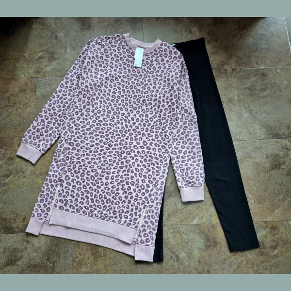 M&Co Mädchen Set Sweatkleid Pullover Leggings Hose Animalmuster Leo beere schwarz neu 
