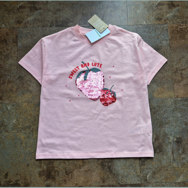 Vertbaudet Mädchen T-Shirt Erdbeere Pailletten Glitzer kurzarm rosa pink neu