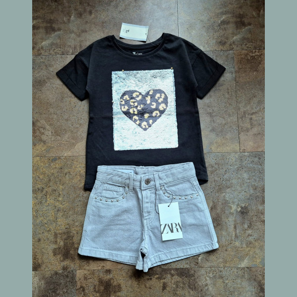 TU/ZARA Mädchen T-Shirt Leo Animalprint Shorts Bermuda Jeans Denim Nieten verstellbar grau neu 5-6/110-116