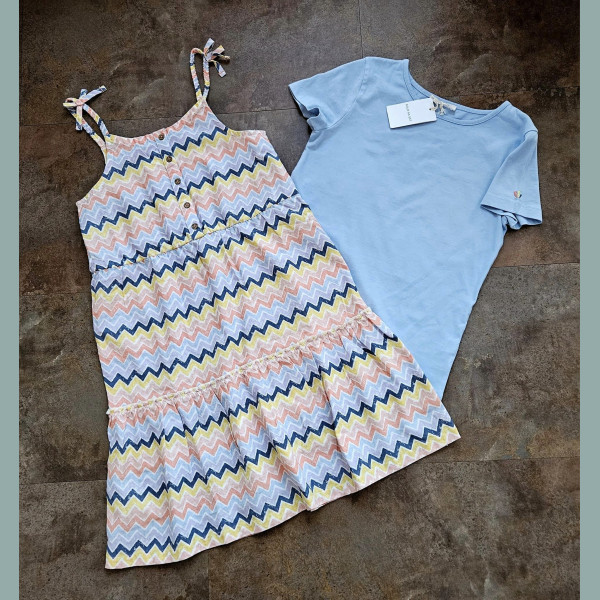 FatFace Mädchen Set Kleid T-Shirt Zick Zack Muster bunt neu