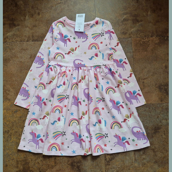 F&F Mädchen Kleid Einhorn Regenbogen Dino Sterne langarm rosa neu 6-7/116-122