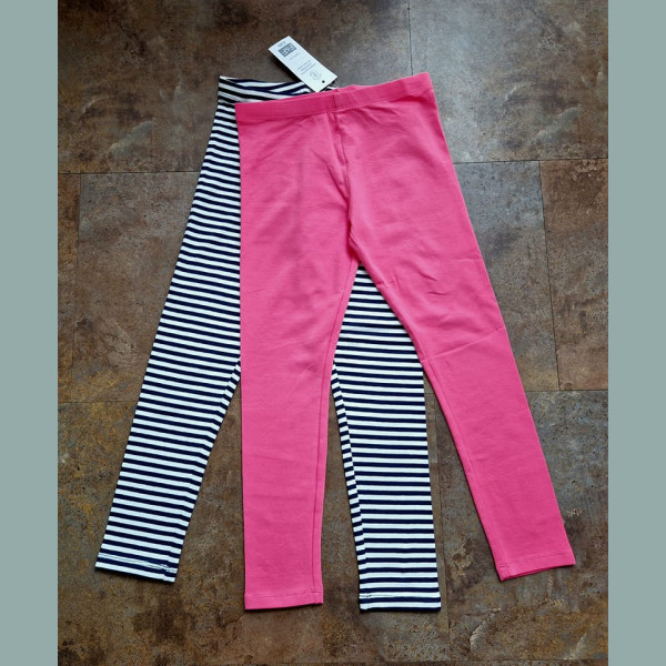 F&F Mädchen Set 2 Leggings Hosen basic uni gestreift pink blau weiß 3-4/98-104