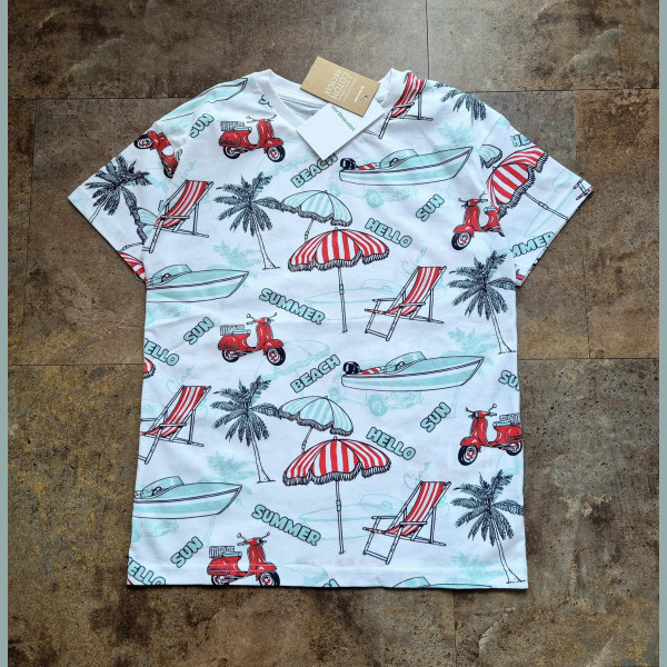 Vertbaudet Jungen T-Shirt Strand Auto Palme Boot Roller kurzarm weiß bunt neu