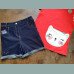 George Mädchen Set T-Shirt Shorts Katze Tasche interaktiv rot blau 5-6/110-116