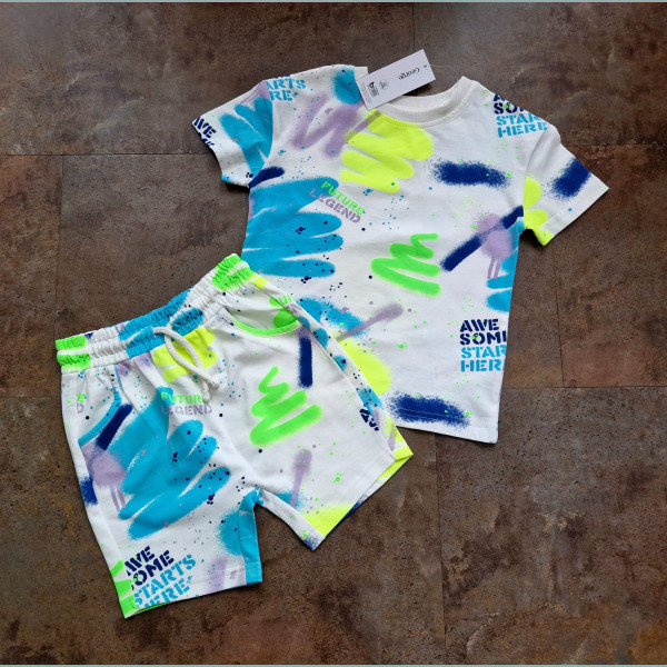 George Jungen Set T-Shirt Shorts Bermuda Graffiti Sommer weiß bunt
