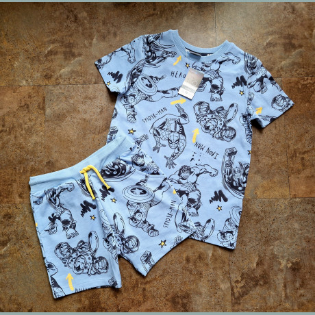 George Jungen Set T-Shirt Shorts Bermuda Marvel Spiderman Ironman blau neu 6-7/116-122