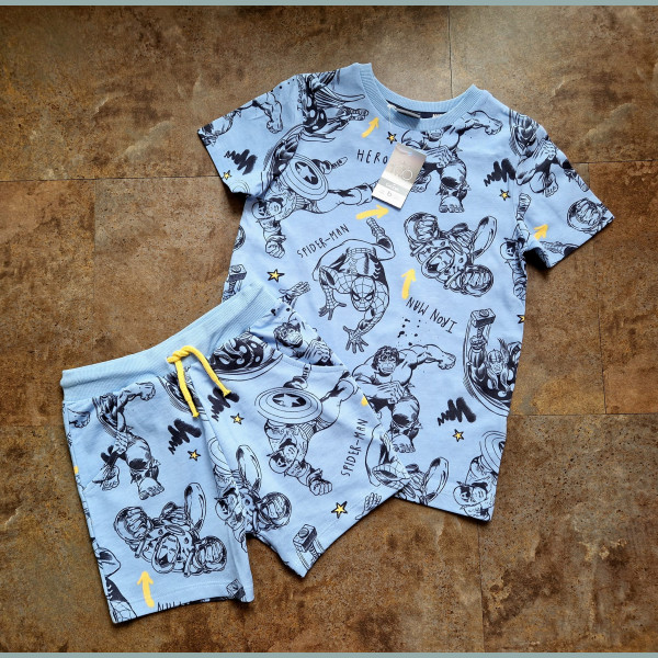 George Jungen Set T-Shirt Shorts Bermuda Marvel Spiderman Ironman blau neu 6-7/116-122
