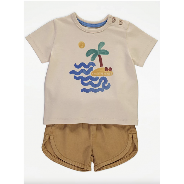 George Jungen Baby Set T-Shirt Shorts Hose Palme Urlaub Strand  Insel beige neu 