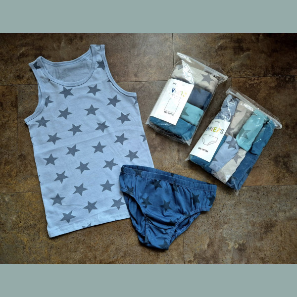 George Jungen Set 5 Unterhemden Tops 10 Unterhosen Slips Sterne blau grau neu