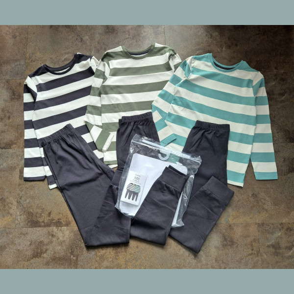 George Jungen Set 3 Schlafanzüge Pyjamas gestreift grau blau grün neu 