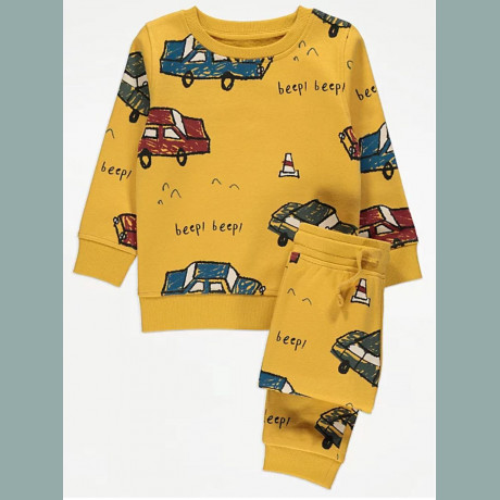 George Jungen Set Sweater Pullover Jogger Hose Auto angeraut gelb 3-4/98-104