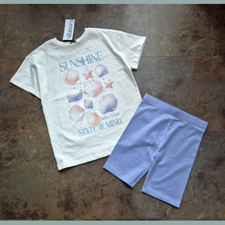 George Mädchen Set T-Shirt Radler Leggings Hose Muschel Perlen creme blau neu