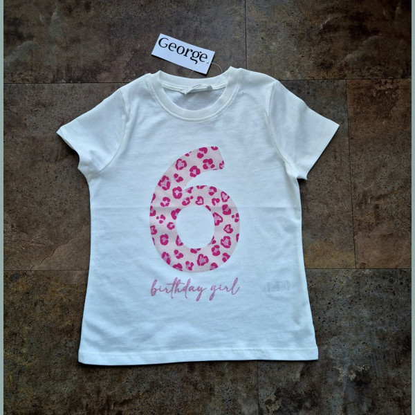 George Mädchen T-Shirt Geburtstag I am 6 Glitzer Leo Animalprint weiß rosa neu 6-7/116-122