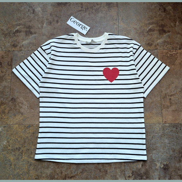 George Mädchen T-Shirt Herz gestreift kurzarm weiß blau rot neu 