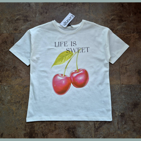 George Mädchen T-Shirt Kirschen Life is Sweet kurzarm weiß rosa neu 