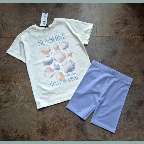 George Mädchen Set T-Shirt Radler Leggings Hose Muschel Perlen creme blau neu