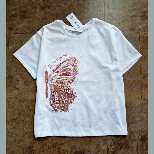 George Mädchen T-Shirt Schmetterling Pailletten kurzarm creme weiß  neu 