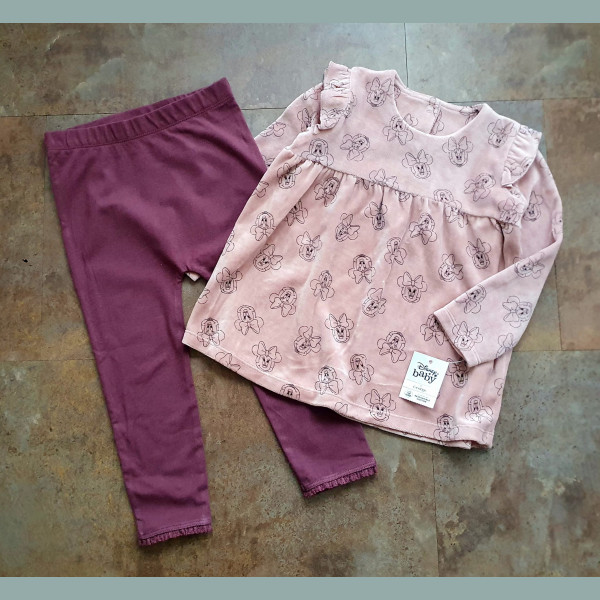 George Mädchen Set Outfit Samt Kleid Leggings Minnie Mouse Disney rosa neu 18-24/86-92