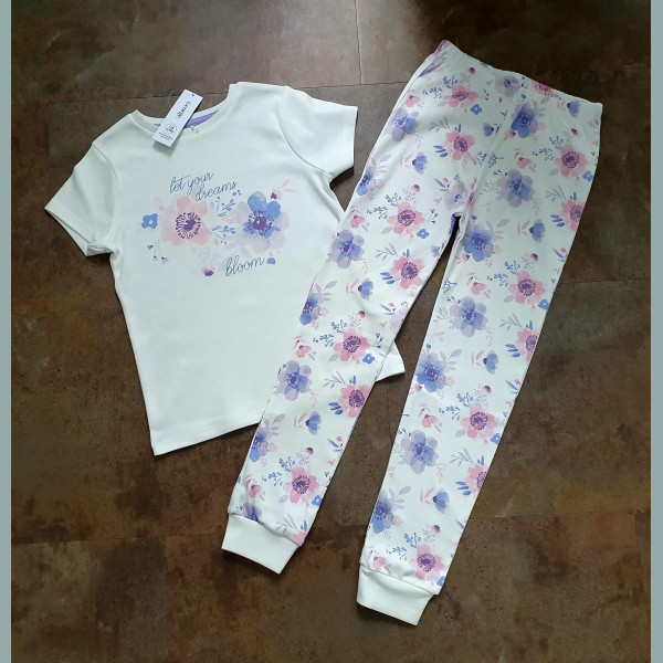 George Mädchen Set Schlafanzug Pyjama Blumen creme lila 7-8/122-128