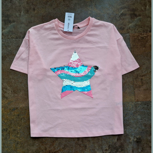 George Mädchen T-Shirt Stern Wendepailletten oversized kurzarm Sommer rosa 10-11/140-146
