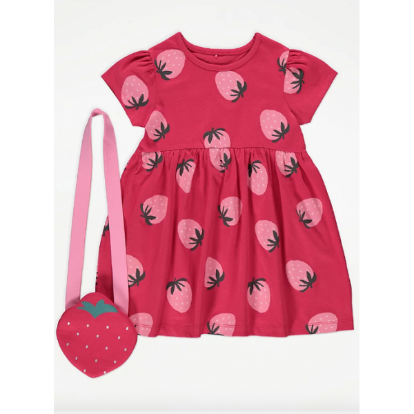 George Mädchen Set Kleid Tasche Erdbeere kurzarm  rot pink neu