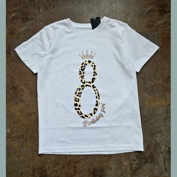 George Mädchen Geburtstagsshirt T-Shirt I am 8 Leo Animalprint kurzarm weiß neu 8-9/128-134
