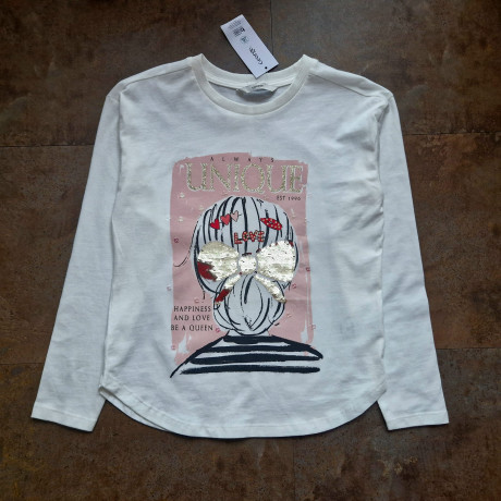 George Mädchen Shirt Schleife Pailletten Glitzer Unicue langarm beige neu 6-7/122