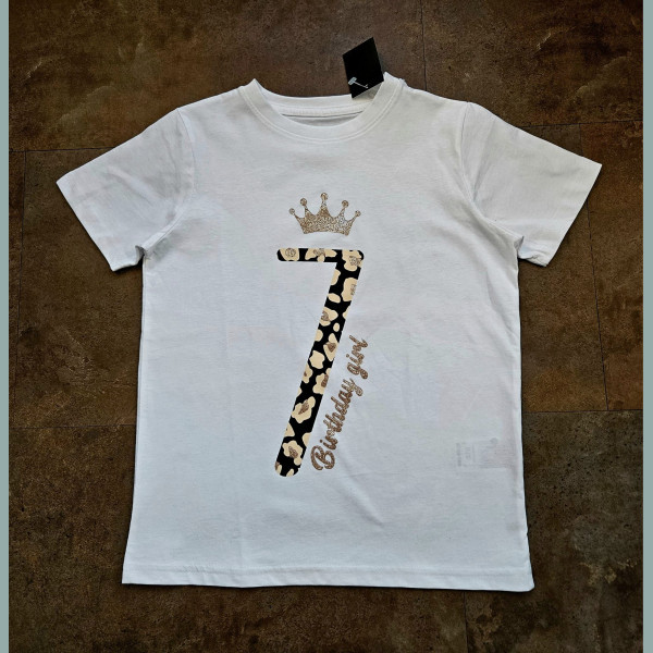 George Mädchen Geburtstagsshirt T-Shirt I am 7 Leo Animalprint kurzarm weiß neu 7-8/122-128
