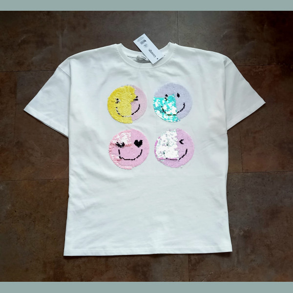 George Mädchen T-Shirt Smiley Emoji Wendepailletten Glitzer kurzarm weiß bunt neu 