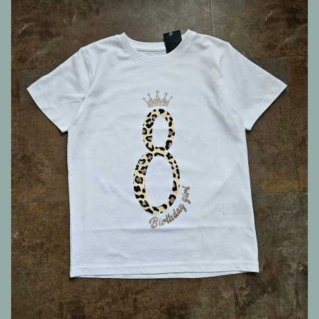 George Mädchen Geburtstagsshirt T-Shirt I am 8 Leo Animalprint kurzarm weiß neu 8-9/128-134