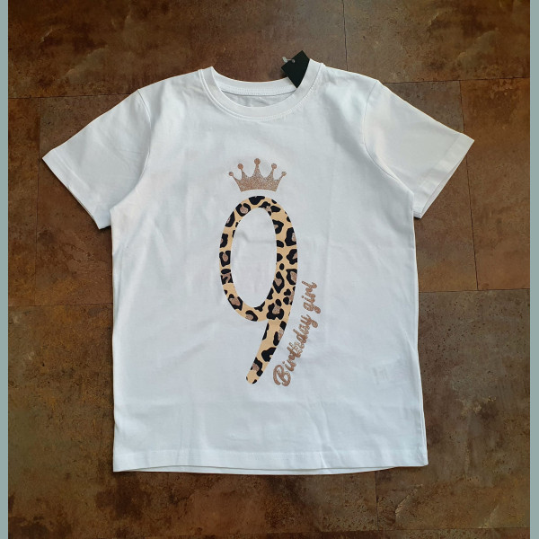 George Mädchen Geburtstagsshirt T-Shirt I am 9 Leo Animalprint kurzarm weiß neu 9-10/134-140