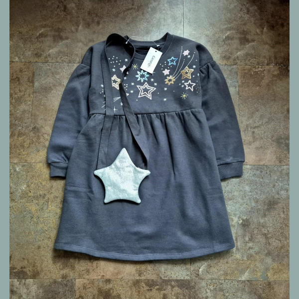 George Mädchen Set Sweat Kleid Tasche Sterne Glitzer angeraut grau neu 