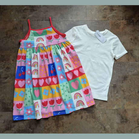 George Mädchen Set Kleid T-Shirt Patchwork Regenbogen Blumen weiß bunt neu