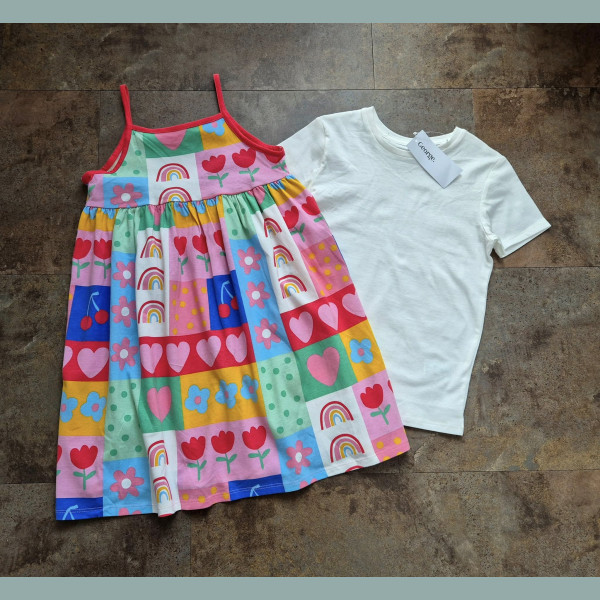 George Mädchen Set Kleid T-Shirt Patchwork Regenbogen Blumen weiß bunt neu