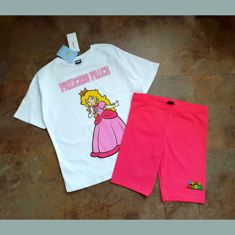 George Mädchen Set T-Shirt Shorts Princess Peach Super Mario Nintendo weiß pink neu 10-11/140-146