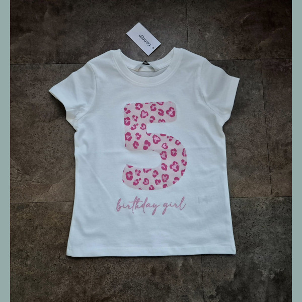 George Mädchen T-Shirt Geburtstag I am 5 Glitzer Leo Animalprint weiß rosa neu 5-6/110-116