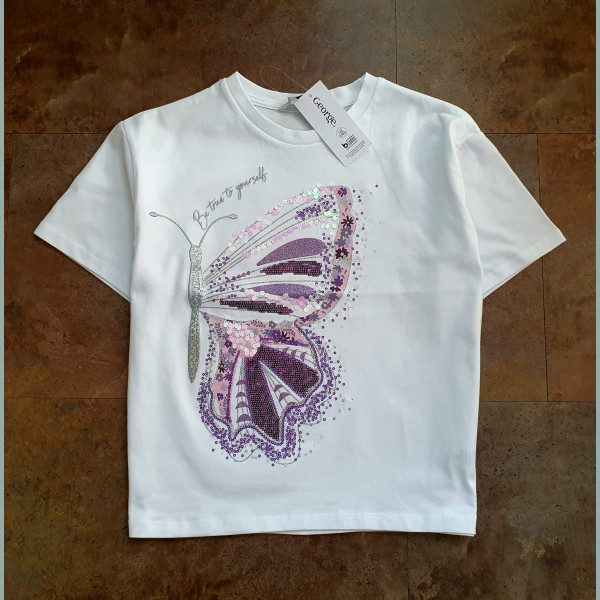 George Mädchen T-Shirt Schmetterling Pailletten kurzarm creme weiß lila neu 