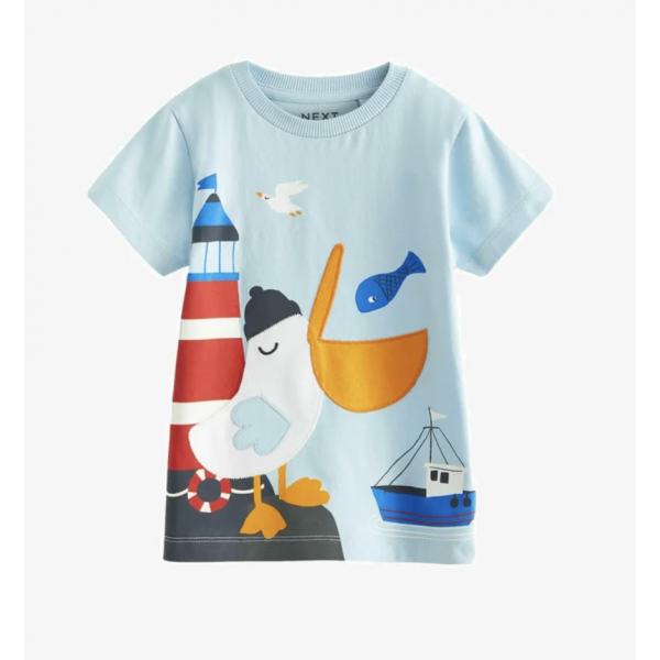 Next Jungen T-Shirt Pelikan Leuchtturm bestickt kurzarm hellblau neu