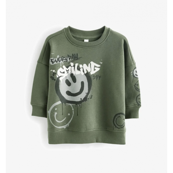 Next Jungen Sweatshirt Pullover Smiley Emoji angeraut grün khaki neu 
