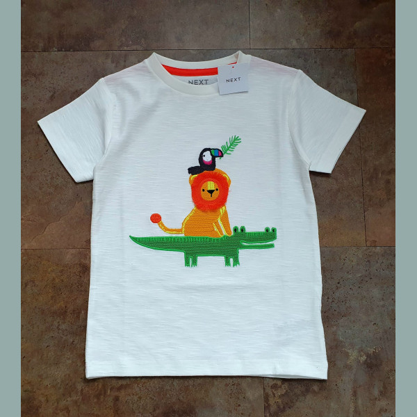 Next Jungen T-Shirt Löwe Krokodil Papagei bestickt kurzarm weiß bunt neu