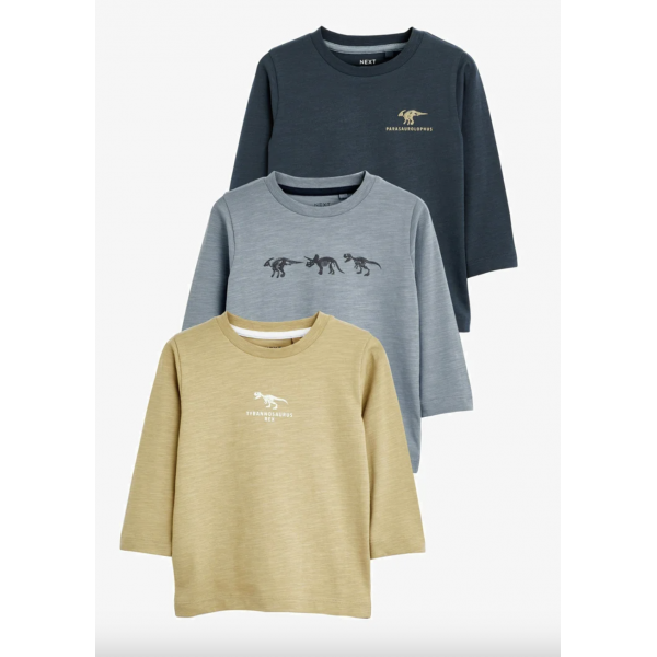 Next Jungen Set 3 Shirts Dino langarm uni blau grau gelb neu 6-7/116-122