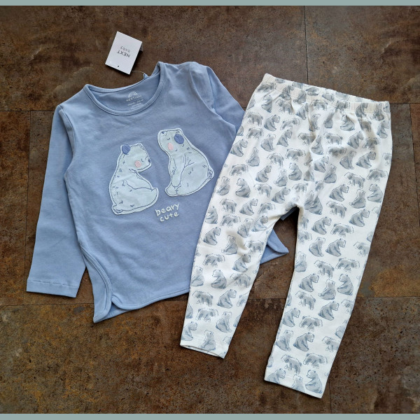 Next Baby Jungen Set Shirt langarm Hose Leggings Bär Bärchen hellblau neu 12-18/80-86