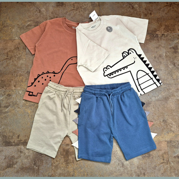 Next Jungen Set 2 T-Shirts Tops 2 Shorts Bermuda Hose Krokodil Dino Zacken Sommer neu