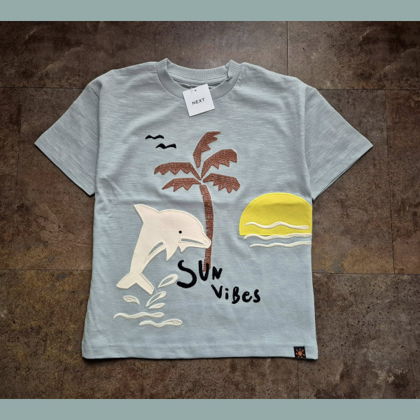 Next Jungen T-Shirt Delfin Palme Strand bestickt kurzarm hellblau neu