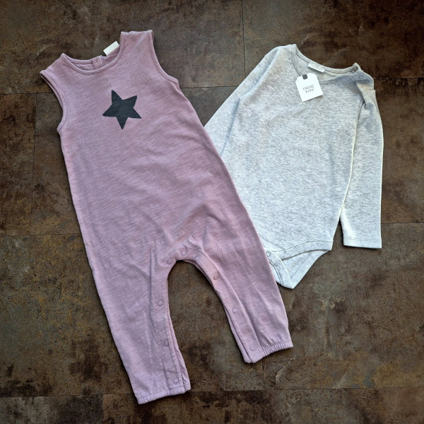 Next Unisex Mädchen Junge Baby Set Einteiler Latzhose Overall Body Stern lila grau neu 