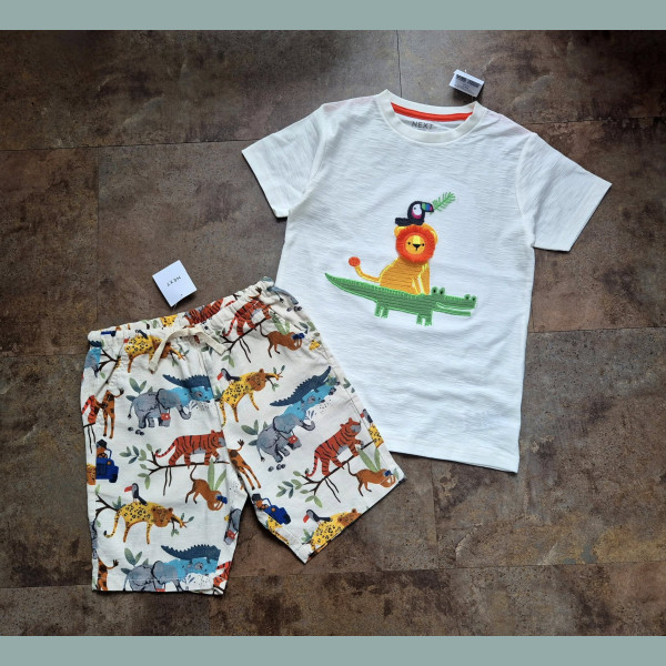 Next Jungen Set T-Shirt Shorts Hose Löwe Krokodil Papagei Tiere Zoo bunt neu 