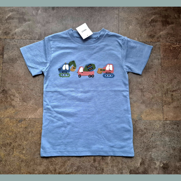 Next Jungen T-Shirt Bagger Kran Baustelle Fahrzeuge bestickt kurzarm hellblau neu 