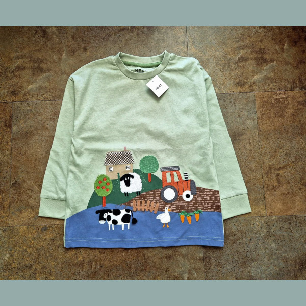 Next Jungen Shirt Bauernhof Traktor Tiere  Farm langarm bestickt grün mint neu 