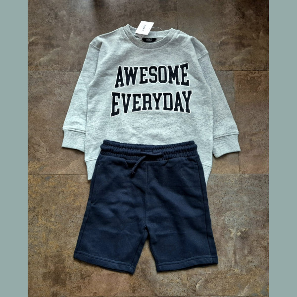 NEXT Jungen Set Sweatshirt Pullover Shorts Awesome grau schwarz neu 3-4/98-104