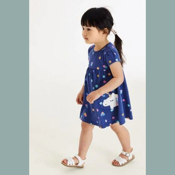 Next Mädchen Kleid Einhorn Tupfen Taschen kurzarm blau 5-6/116